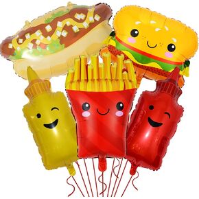 BBQ Party Balloons,5Pcs Food Themed Foil Balloons Hot Dog Hamburger Ketchup French fries Mustard Bottle for Picnic Snacks Baby Shower Birthday Party Decorations Supplies