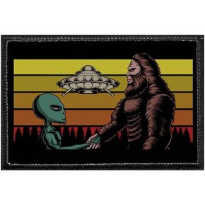 Alien & Bigfoot Shaking Hands | Hook and Loop Attach for Hats, Jeans, Vest, Coat | 2x3 in | by Pull Patch