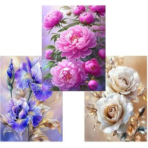 Hestarcul 5D Flower Diamond Painting Kits 3 Pack,Diamond Art Kits for Adults,Paint with Diamonds Round for Gift,Wall Decor (Flower)