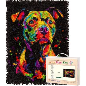 Latch Hook Rug Kit Colorful Pitbull Dog Pre-Printed Handmade Carpet Crochet Yarn Craft DIY Hook and Latch Door Mat Tapestry for Home Floor Decoration 52x38cm-2