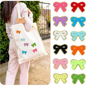 12 Pcs Bow Patches Chenille Bow Patch Hat Patches Gold Edges Cute Repair Embroidered Iron On Patch for Clothes Hats Bags DIY Accessories