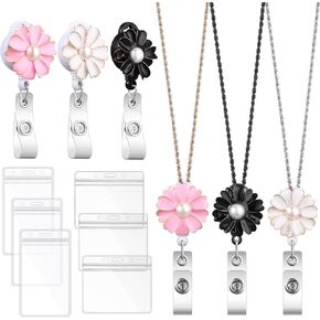 Badge Lanyard with ID Holders 3 Pcs Cute Badge Necklace 3 Pcs Retractable Badge Holders 6 Pcs Horizontal and Vertical Clear Name Tag Holder Flower Badge Reels with Pearl for Girl Women Card Key