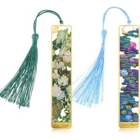 2PCS Metal Bookmarks with Tassel, Golden Hollow Monet Flower Painting Themed Bookmark, Cute Book Markers Reading Accessories for Readers Women Men Children Teens Book Lovers Writers Gifts