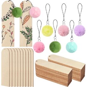 30 Pcs Wood Bookmark - Blank Bookmarks to Decorate with 30 Pcs Colorful Pom Pom Bookmark Tassels Wooden Bookmarks for Books, Keys, Bags (5.7x1.5 in)