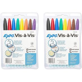 EXPO 16078 Vis-A-Vis Wet-Erase Overhead Transparency Markers, Fine Point, Assorted Colors, 2 Packages (8-Count)