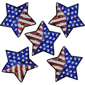 4" Sequins Blue Star USA American Flag Sew on Patches - 5Pcs Fashion Trendy Independence Day Patch for Clothes, Jacket, Bags, Jeans, Backpacks