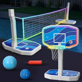 Pool Basketball Hoop and Volleyball Net 2 in 1 LED Light Up Swimming Pool Basketball Hoop Outdoor Poolside Basketball Goal Pool Toys Pool Games Activities