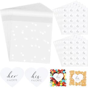 Yexiya 200 Set His Her Favorite Stickers and Candy Cellophane Bags with White Dots 4x4 Inches Wedding Favor Stickers That Seal Themselves for Wedding Favor Labels Guest Welcome Bag Stuffers Bulk