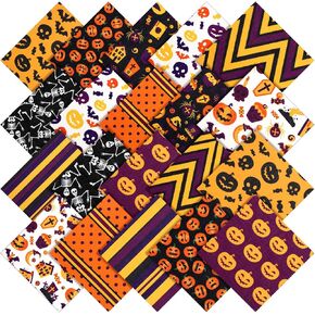 Boao 20 Pieces 10 x 10 Inch Halloween Fabric Quilting Bat Pumpkin Skull Print Patchwork Squares Craft Bundle Mixed Pattern Fabric Halloween Theme Decorative for DIY Decor(Stylish Style)