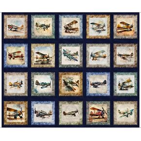 20 Squares Flying High Vintage Airplanes Navy Cotton Fabric 36"" Repeat. 7.5"" Square.