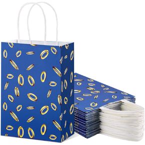 Czlotyh 24 Pcs Blue Hedgehog Party Gift Bags with Handles Blue Gold Ring Paper Goodie Bags Video Game Treat Bag 8.25 x 5.25 x 3 Inches for Birthday Party Gift Supplies Candy Boys Girls