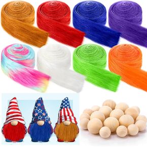 8 Pcs Faux Fur Fabric for Patriotic Gnomes 2 x 60 Inch Craft Fur Ribbon with 16 Pcs Wood Balls 4th of July Gnome Beards for Craft Cosplay Costume DIY Santa Dwarf Decoration