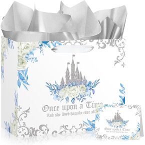 Bridal Shower Gift Bag Princess Bride Gifts Bag with Card and Tissue Paper Blue Floral Bridal Shower Gift Wrapping Paper Bag for Engagement Bride to Be Wedding Party, Bachelorette Party Supplies