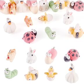 Beadthoven 16Pcs Resin Animal Charms Fuzzy Cute Rabbit Ladybug Bee Worm Duck Mini Pendants Animal Figures Miniature Ornament Cute Charms for Jewelry Making DIY Bracelet Necklace Earrings Keychain