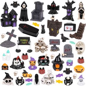 CCINEE 48pcs Halloween Mini Resin Figurines for Crafts, Miniature Skull Ghost Pumpkin Figures to Hide Tiny Village Collections Bulk for Holiday Party Favor Table Indoor Garden Dollhouse Decorations