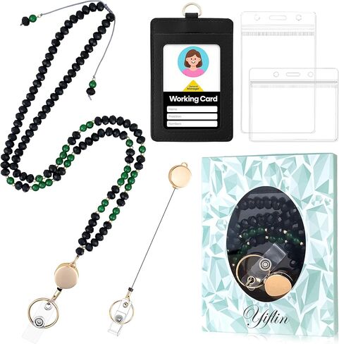 Yiflin Natural Stone Crystal Lanyard with ID Badges for Keys, Retractable Teacher Neck Strap with PU Card Holder, Handicrafts for Women (Light Amethyst) in Kuwait