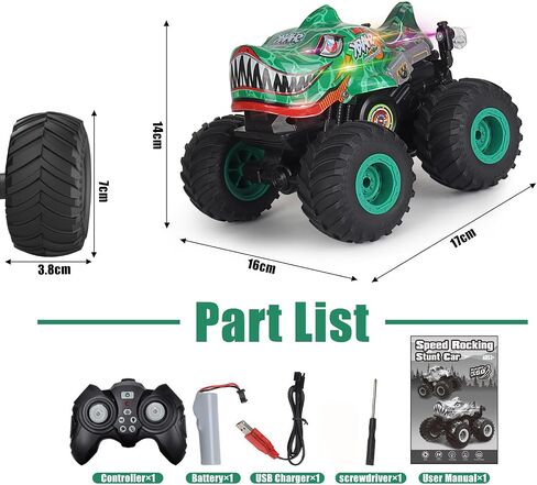Remote Control Car, 2.4Ghz All Terrain Dinosaur Monster Truck Toys, RC Truck with Music, 3 Lighting Effects, 360 Stunt Capable, All Included Ready to Run, Toy Gifts for Boys and Girls (Green) in Saudi Arabia