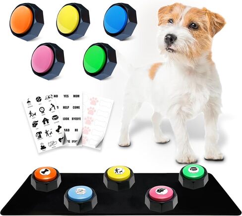 Dog Buttons for Communication + Anti-Slip Mat, 30s Recordable Pet Training Buttons Set with 45 Stickers & Magic Tape (ICats/Dogs/Office Games) (Orange/Yellow/Blue/Green/Pink, 3.58X1.44in) in Saudi Arabia