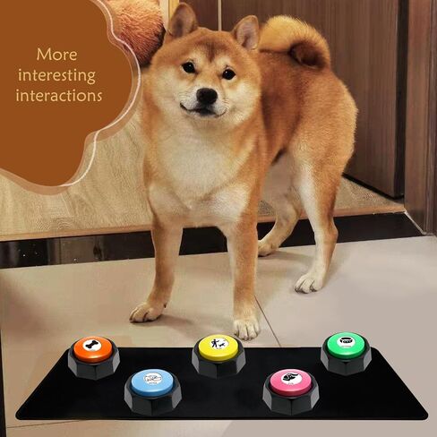 Dog Buttons for Communication + Anti-Slip Mat, 30s Recordable Pet Training Buttons Set with 45 Stickers & Magic Tape (ICats/Dogs/Office Games) (Orange/Yellow/Blue/Green/Pink, 3.58X1.44in) in Saudi Arabia