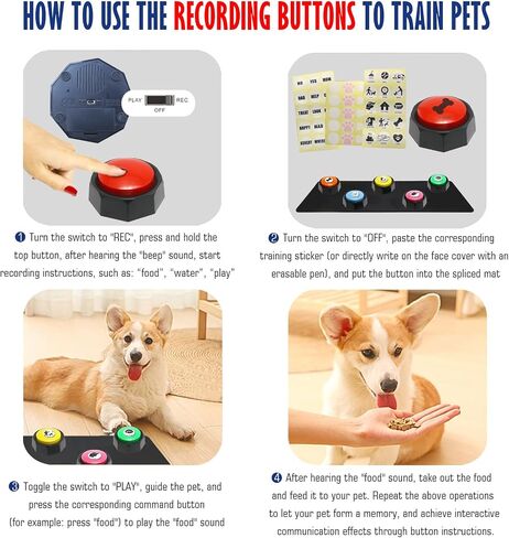 Dog Buttons for Communication + Anti-Slip Mat, 30s Recordable Pet Training Buttons Set with 45 Stickers & Magic Tape (ICats/Dogs/Office Games) (Orange/Yellow/Blue/Green/Pink, 3.58X1.44in) in Saudi Arabia
