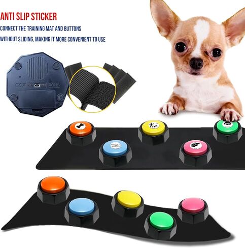 Dog Buttons for Communication + Anti-Slip Mat, 30s Recordable Pet Training Buttons Set with 45 Stickers & Magic Tape (ICats/Dogs/Office Games) (Orange/Yellow/Blue/Green/Pink, 3.58X1.44in) in Saudi Arabia