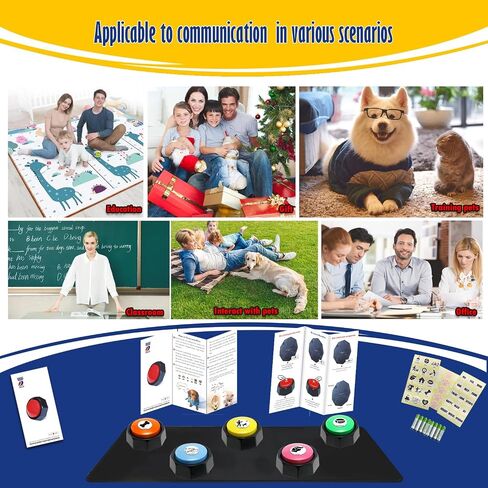 Dog Buttons for Communication + Anti-Slip Mat, 30s Recordable Pet Training Buttons Set with 45 Stickers & Magic Tape (ICats/Dogs/Office Games) (Orange/Yellow/Blue/Green/Pink, 3.58X1.44in) in Saudi Arabia