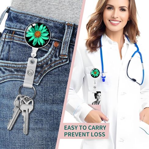 2 حزمة حزمة شارة قابلة للسحب مع مقطع ، بكرات بطاقة هوية لطيف للممرضات ، الطبيب ، عامل المكتب ، المعلم (الأزهار الخضراء) in Kuwait