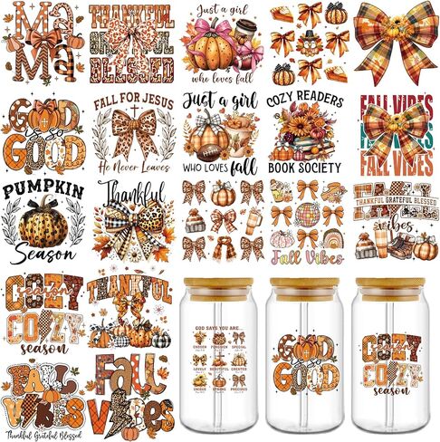 UV DTF Cup Wrap Transfer Stickers: 20 Pcs Fall Vibes Uvdtf Cup Wraps for 16 oz Glass, Pumpkin Season Transfer Stickers, Autumn Bow UV DTF Decals Waterproof Rub On Transfers for Women Girls DIY Crafts in Saudi Arabia