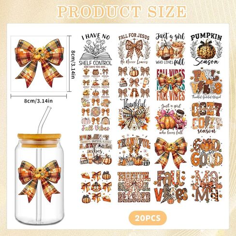 UV DTF Cup Wrap Transfer Stickers: 20 Pcs Fall Vibes Uvdtf Cup Wraps for 16 oz Glass, Pumpkin Season Transfer Stickers, Autumn Bow UV DTF Decals Waterproof Rub On Transfers for Women Girls DIY Crafts in Saudi Arabia