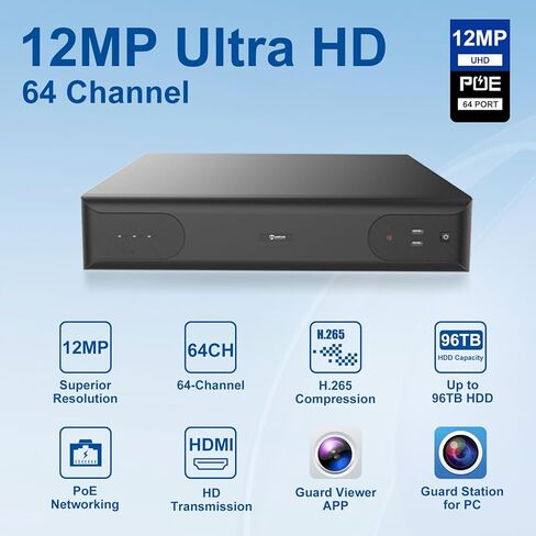 Anpviz 12MP 64 قناة PoE NVR مسجل فيديو شبكي مع اكتشاف الإنسان والمركبات، 64CH H.265 NVR تجاري يدعم 12MP/8MP/6MP/5MP/4MP/3MP/1080P IP PoE مسجل صوت فيديو للأعمال in Kuwait