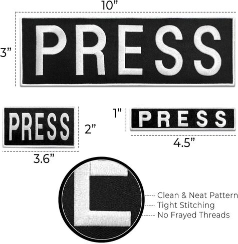 Press Badge Embroidered Patches for Backpacks, Jackets, Press Vest, Photographer Vest - Press Patch with Hook and Loop Patches - Tactical Patches 3.15x9.8 inches, 1x4.5 inches, 3.54x2 inches (Black) in Saudi Arabia
