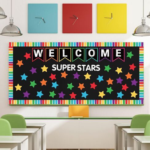 83Pcs Welcome Banner Bulletin Board Decoration Super Stars Paper Cutouts with 200Pcs Glue Points Colorful Bulletin Border Stickers for Back to School Office Home Decor in Saudi Arabia