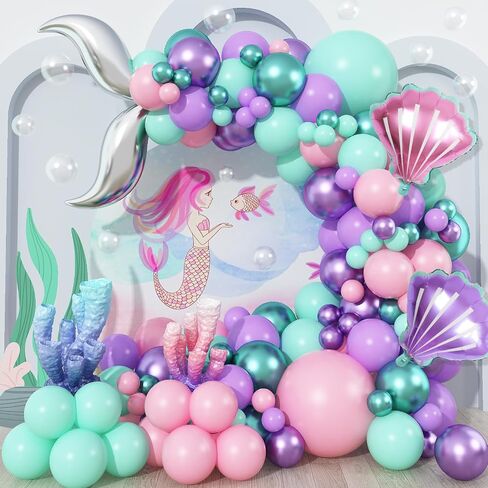 Mermaid Balloon Garland Arch Kit, 106 Packs Metallic Purple Pink Green Blue Latex Balloons with Mermaid Tail Seashell Foil Balloons for Girls Birthday, Baby Shower Party Decorations in Kuwait