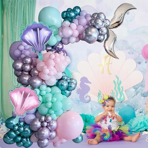 Mermaid Balloon Garland Arch Kit, 106 Packs Metallic Purple Pink Green Blue Latex Balloons with Mermaid Tail Seashell Foil Balloons for Girls Birthday, Baby Shower Party Decorations in Kuwait