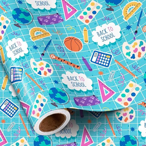 RUSPEPA Back to School Wrapping Paper Roll, Mini Roll, Blue School Supplies and Sports Theme Gift Wrap for Boys, Kids, Students, Teachers, First Day and Classroom Gifts, 17 Inches x 16.4 Feet in Kuwait