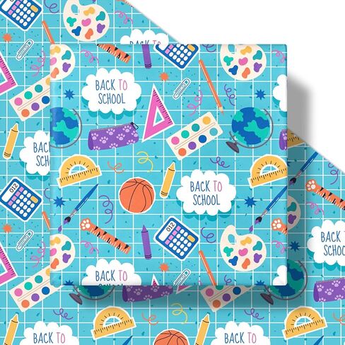 RUSPEPA Back to School Wrapping Paper Roll, Mini Roll, Blue School Supplies and Sports Theme Gift Wrap for Boys, Kids, Students, Teachers, First Day and Classroom Gifts, 17 Inches x 16.4 Feet in Kuwait
