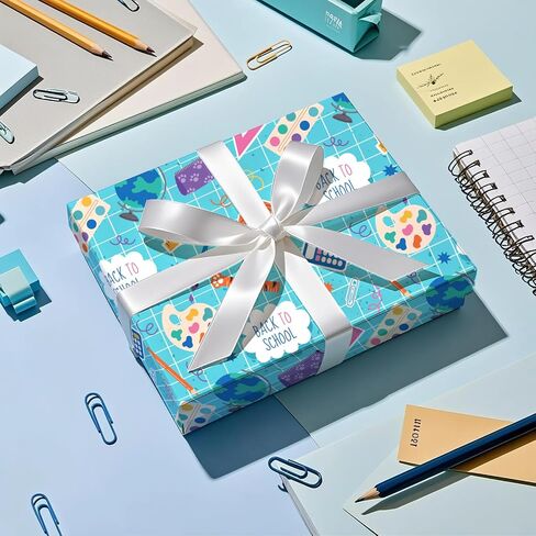 RUSPEPA Back to School Wrapping Paper Roll, Mini Roll, Blue School Supplies and Sports Theme Gift Wrap for Boys, Kids, Students, Teachers, First Day and Classroom Gifts, 17 Inches x 16.4 Feet in Kuwait