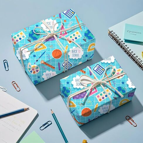 RUSPEPA Back to School Wrapping Paper Roll, Mini Roll, Blue School Supplies and Sports Theme Gift Wrap for Boys, Kids, Students, Teachers, First Day and Classroom Gifts, 17 Inches x 16.4 Feet in Kuwait