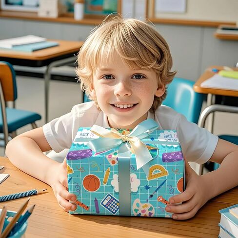 RUSPEPA Back to School Wrapping Paper Roll, Mini Roll, Blue School Supplies and Sports Theme Gift Wrap for Boys, Kids, Students, Teachers, First Day and Classroom Gifts, 17 Inches x 16.4 Feet in Kuwait