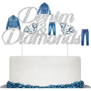 Denim and Diamonds Cake Topper Silver Denim Themed Birthday Party Cake Decorations Crystal Diamond Jeans Party Decor Denim Jacket Cake Picks for Wedding Party Supplies