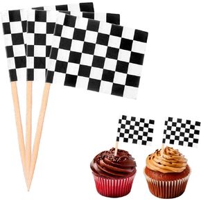 100pcs Cupcake Topper Sticks - Black and White Checkered Flags on Sticks for Cars Cupcake Toppers, Decor Celebration Sport Events Party, Club Supplies