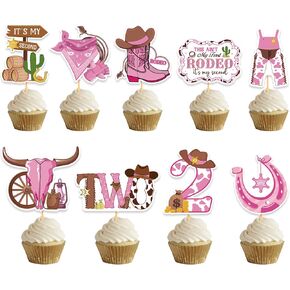 Western Cowgirl Birthday Party Decorations - 36 Pcs Pink Cowgirl This Ain't My First Rodeo It's My Second Cowboy Boot Cupcake Toppers for Baby Shower Wild West 2 Year Old Birthday Party Supplies