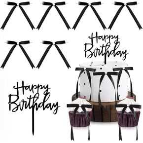 Riceshoot 7 Pcs Bow Cake Topper with Happy Birthday Sign 3.2x4.3 Ribbon Bow with Pearl Cake Topper for Coquette Dessert Birthday Vintage Cake Decor Accessory for Wedding (Pink)