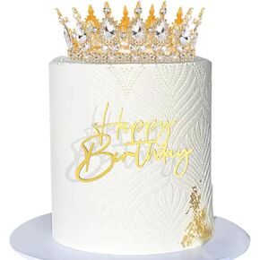 Crown Cake Topper Vintage Big Tiara Crown with Happy Birthday Sign for Women Girl Queen Princess Birthday Party
