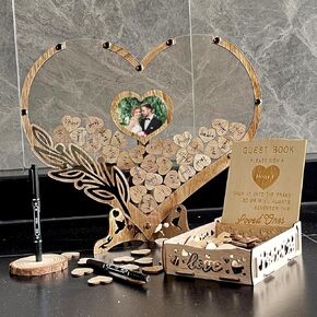 Wedding Guest Book Alternative - Rustic Heart Shaped Wooden Guest Book with 100 Wooden Hearts for Wedding Party Birthday, Personalized Wedding Decor with Guest Sign-In Box & Heart Frame for Photo