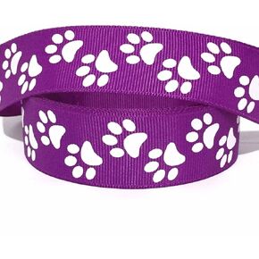 Grosgrain Ribbon 1" White Paw Prints on Purple Ribbon Animal Dogs Printed - Per Yard