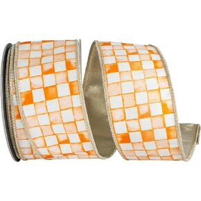 Reliant Ribbon Vintage Check Dupioni Deluxe Gold Backed Wired Edge, Orange/White, 2-1/2 Inch, 10 Yards