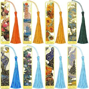 8Pcs Metal Bookmarks with Tassel, Metal Bookmarks for Reading, Golden Van Gogh Monet Oil Painting Theme Reading Accessories Gifts, Fit Cute Book Markers for Men, Kids, Book Lovers