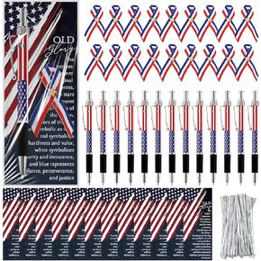 100 Set 4th of July Pens Bulk Patriotic American Flag Ballpoint Pens USA Lapel Ribbon Pins Independence Day Flag Military Gifts with Bookmarks for Veteran Souvenirs Church Party Favors