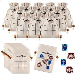 Gerrii 12 Sets Back to School Gift Christian Tic Tac Toe Game for Kid Religious Favors with Jesus Bible Pieces Burlap Drawstring Bags Inspirational VBS 2025 for Students Sunday School Church Supplies
